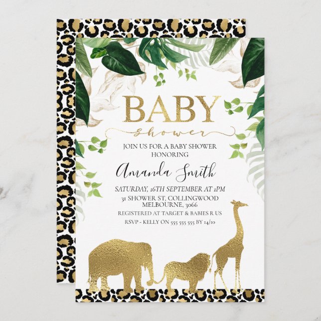 Gold Safari Animaux Foliage Baby shower Invitation (Devant / Derrière)