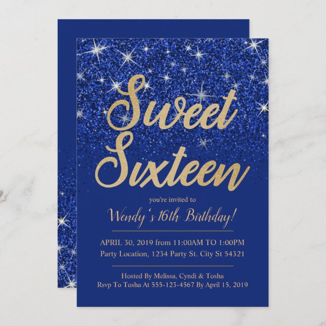 Gold Sapphire Sweet 16 Invitations d'anniversaire (Devant / Derrière)