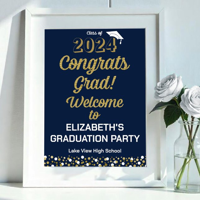 Gold Script Congrats Grad Blue Affiche de bienvenu (Créateur téléchargé)