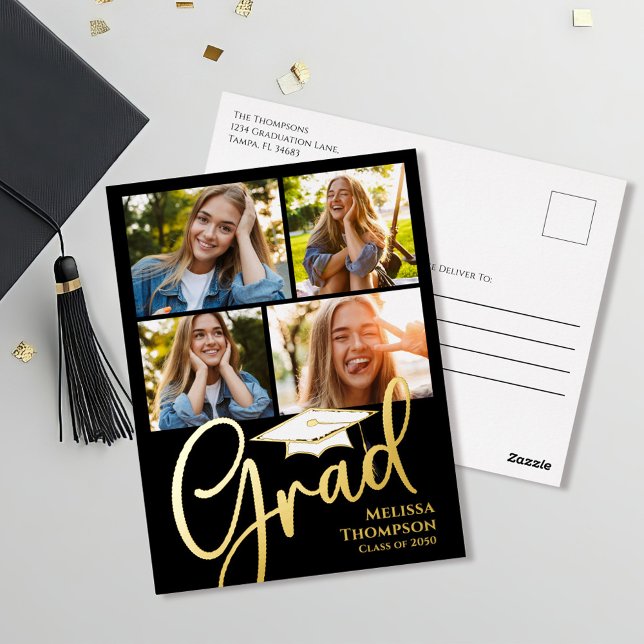 Gold Script Graduation Photo Collage Invitation (Graduation multi photo collage template postcard.)