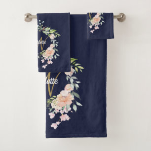 Gold Script Monogramme Roses Floral Navy bleu