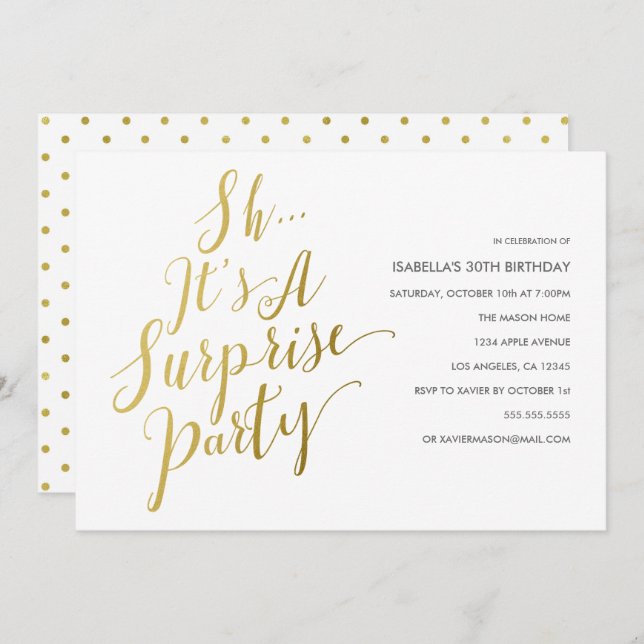 Gold Script Surprise Party Invitation (Devant / Derrière)