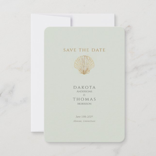 Gold Seashell Mute Sage Wedding Save the Date (Devant)