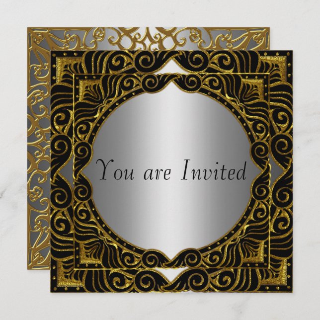 Gold Silver Black Retro Party Invitation (Devant / Derrière)