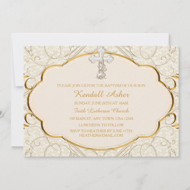 Gold & Silver Cross Baptism Christening Invitation (Devant)