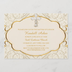 Gold & Silver Cross Baptism Christening Invitation