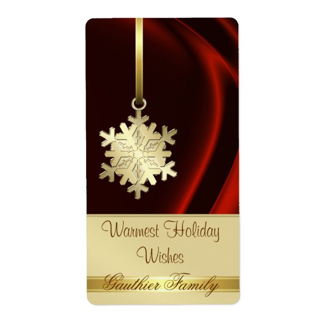 Gold Snowflake Red Silk Holiday Vin Étiquette (Devant)
