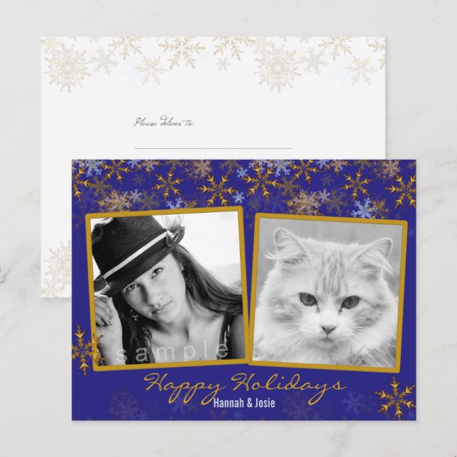Gold Snowflakes Double photo Carte postale de Noël (Devant / Derrière)