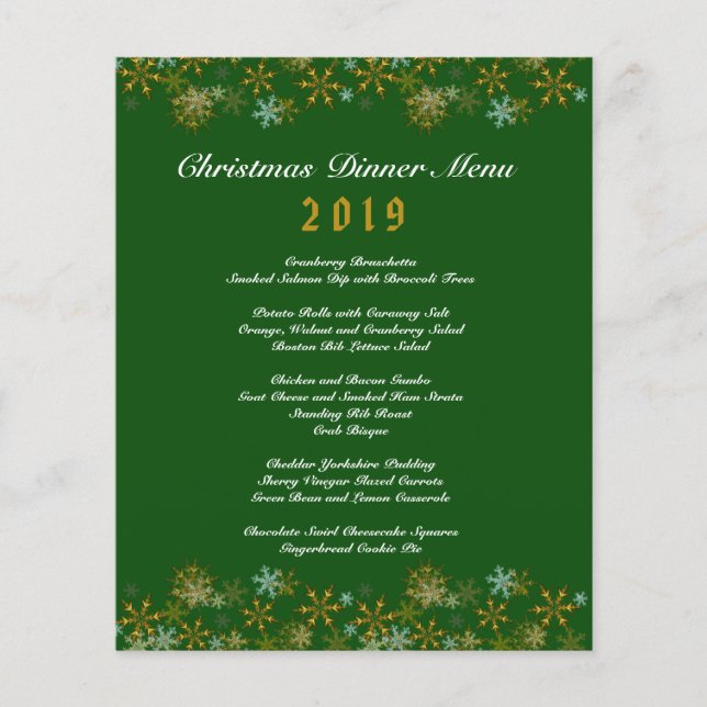 Gold Snowflakes Green Christmas Dinner Menu (Devant)