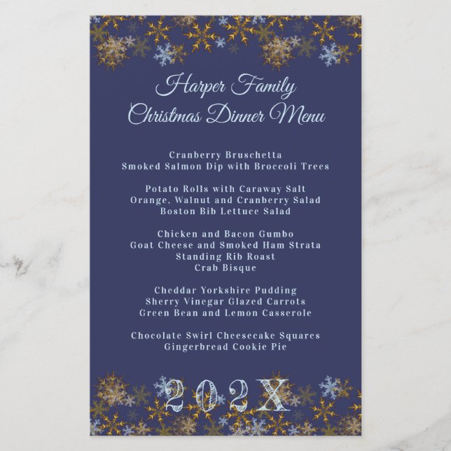 Gold Snowflakes Noël Dîner Menu Modèle (Devant)