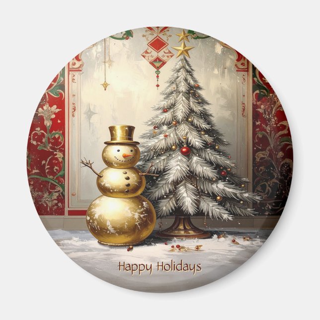 Gold Snowman Christmas Tree Holiday Magnet (Devant)