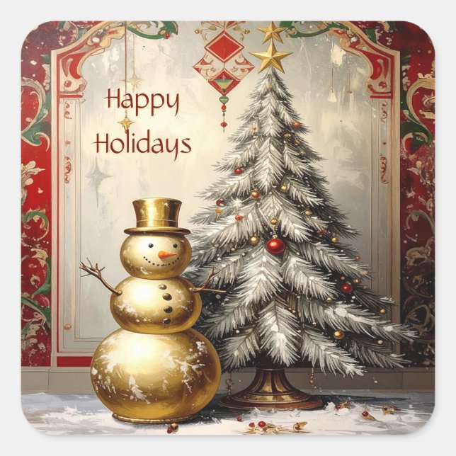 Gold Snowman Christmas Tree Holiday Sticker (Devant)
