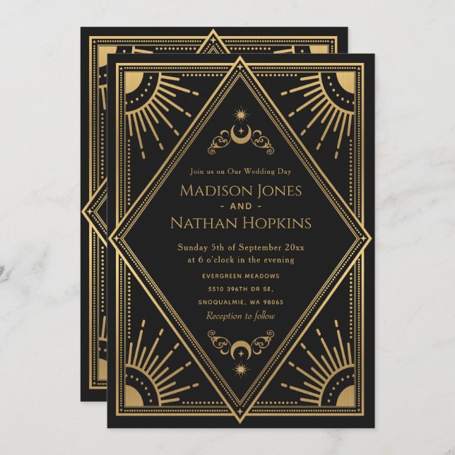 Gold Solar Gothique Élégant Mariage de la carte Ta (Devant / Derrière)