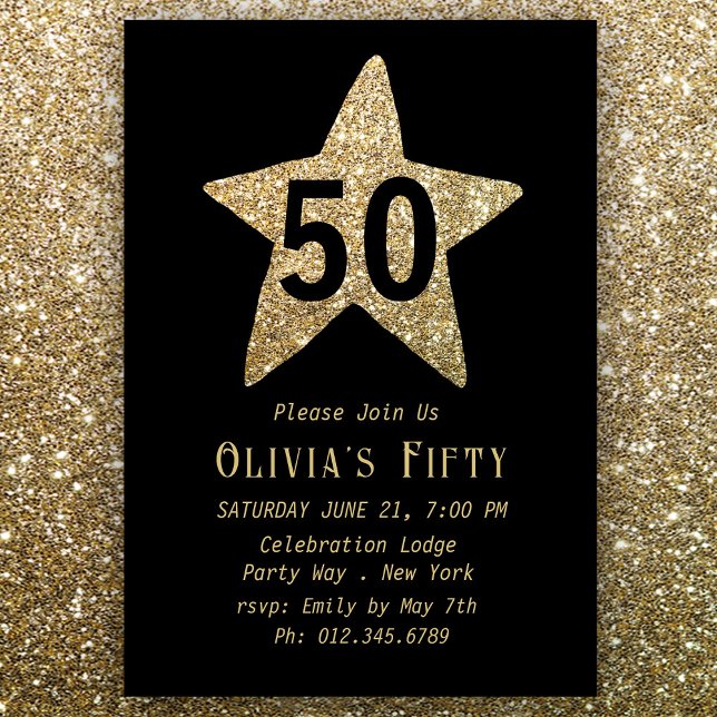 Gold Sparkly Star 50th Birthday Party Invitation (Créateur téléchargé)