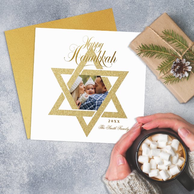 Gold Star de la carte David Hanoukka (Elegant Photo Hanukkah Card)