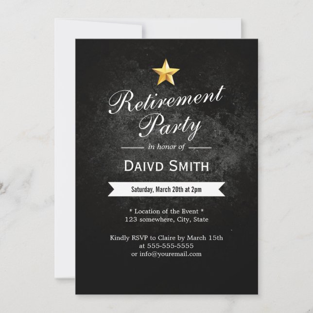 Gold Star Grunge Dark Retirement Party Invitations (Devant)