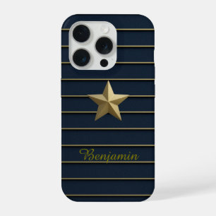Gold Star sur Navy Blue iPhone 15 Pro Coque