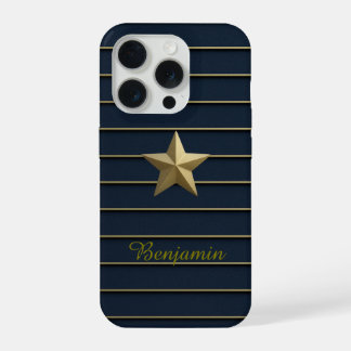 Gold Star sur Navy Blue iPhone 15 Pro Coque