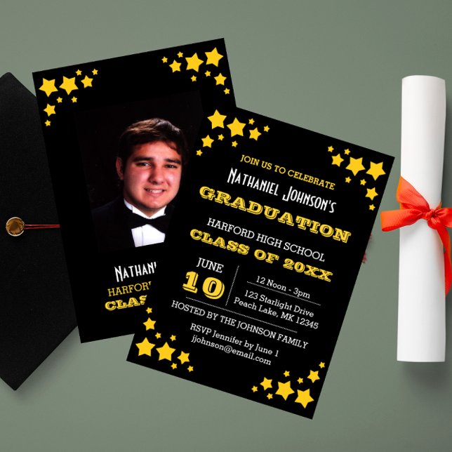 Gold Stars Black Graduation Invitation (Créateur téléchargé)