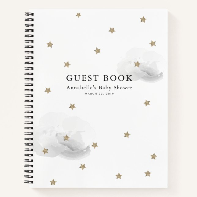Gold Stars & Grey Clouds Baby shower Livre d'invit (Devant)