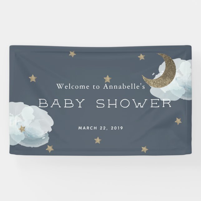 Gold Stars Moon Cloud Navy Bannière Baby shower bl (Horizontal)