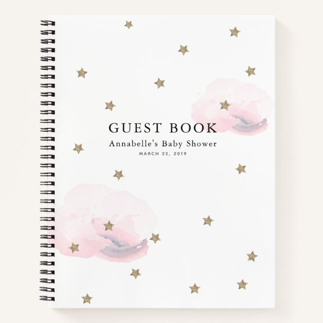 Gold Stars & Pink Clouds Baby shower Livre d'invit (Devant)