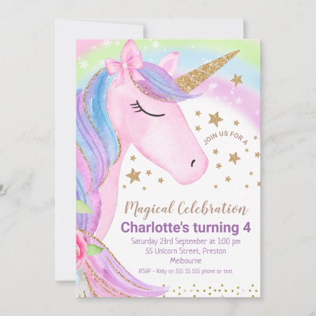 Gold Stars Rainbow Unicorn Invitation Anniversaire (Devant)