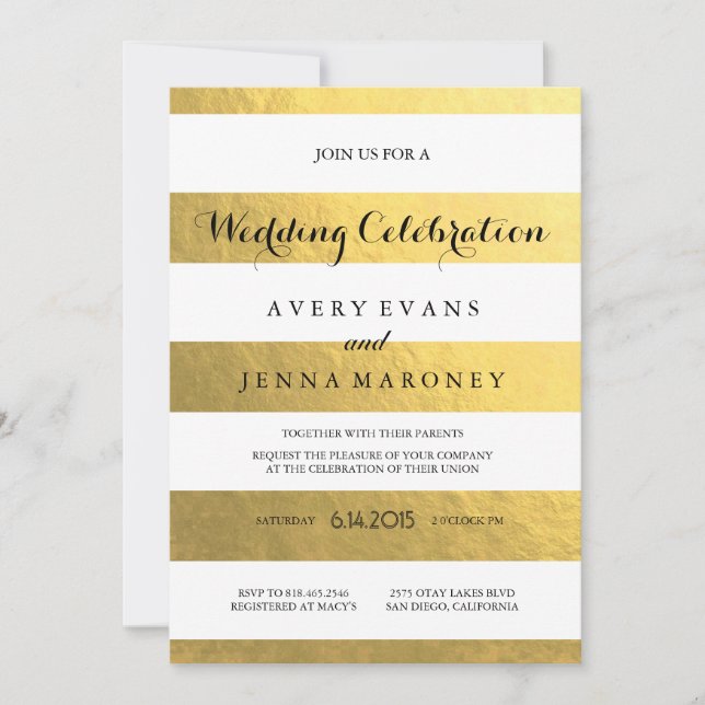Gold Stripes Élégante invitation de mariage (Devant)