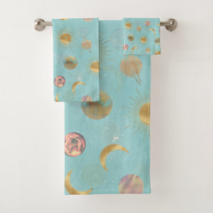Gold Sun Moon Planets Space Blue illustration