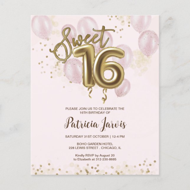 Gold Sweet 16 Ballons Anniversaires Invitations Bu (Devant)