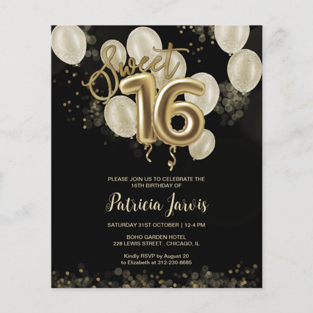 Gold Sweet 16 Ballons Anniversaires Invitations Bu (Devant)