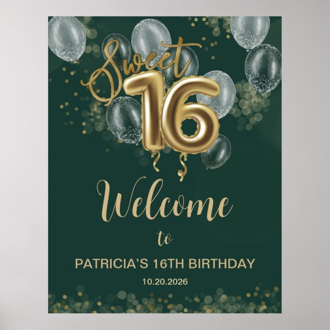 Gold Sweet 16 Ballons Emerald Green Affiche de bie (Devant)
