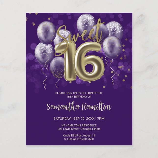 Gold Sweet 16 Ballons Purple Budge Invitation (Devant)