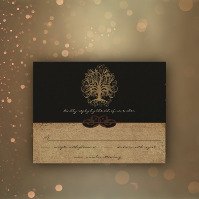 Gold Swirl Tree Gold & Black Metallic Wedding RSVP (Créateur téléchargé)