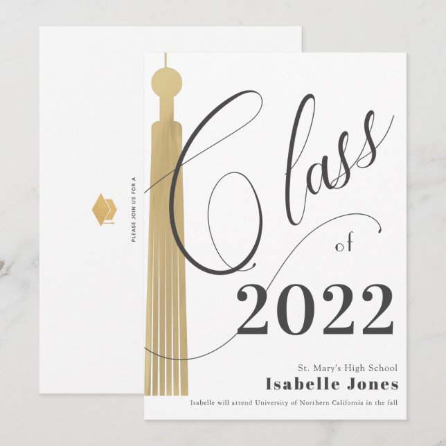 Gold Tassel White Graduation Invitation (Devant / Derrière)