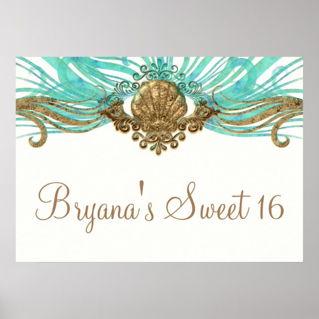 Gold & Teal Sea Shell Glam Beach Banner Poster (Devant)