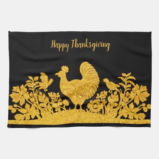 Gold Thanksgiving Turquie Floral Serviette de cuis (Horizontal)