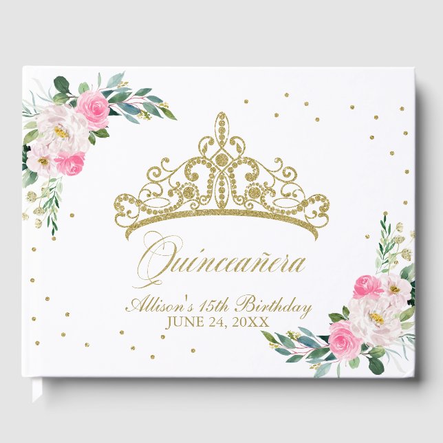 Gold Tiara Hot rose Floral Quinceanera Livre d'or (Recto)