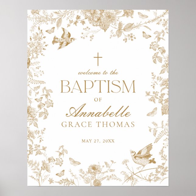 Gold Toile De Jouy Floral Baptism Affiche de bienv (Devant)