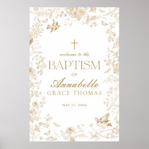Gold Toile De Jouy Floral Baptism Affiche de bienv
