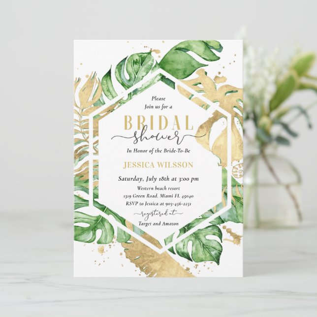 Gold Tropical Bridal Shower Invitation (Debout devant)