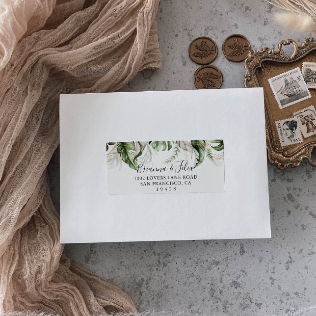 Gold Tropical Greenery Wedding Étiquette de adress (Créateur téléchargé)