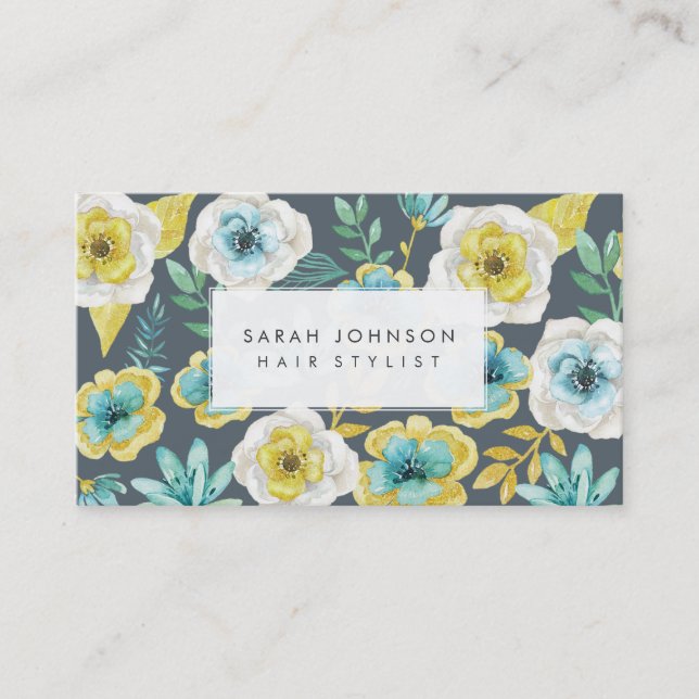 Gold Turquoise Floral Hair Stylliste Cartes de vis (Devant)