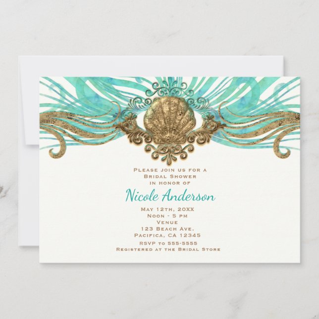Gold & Turquoise Sea Shell Glam Beach Invitations (Devant)