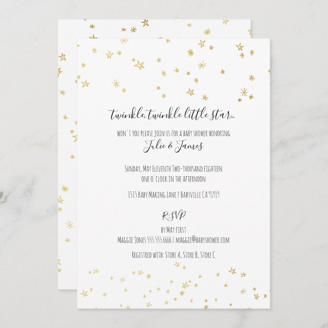 Gold Twinkle Little Stars Baby Shower Invitations (Devant / Derrière)