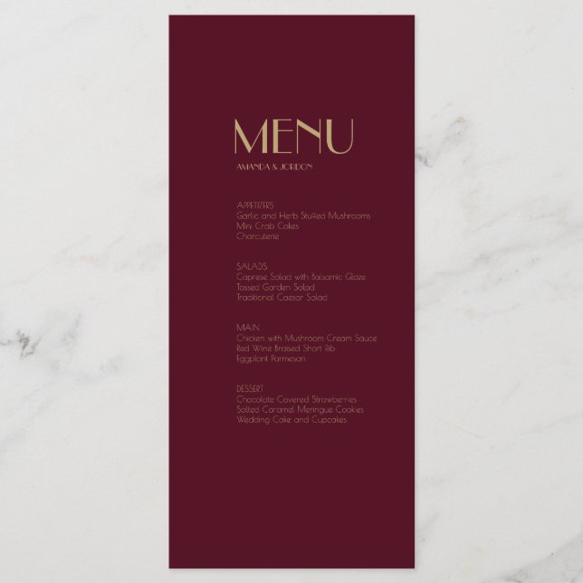Gold Type Deco Burgundy Mariage Diner Menu Boisson (Devant)
