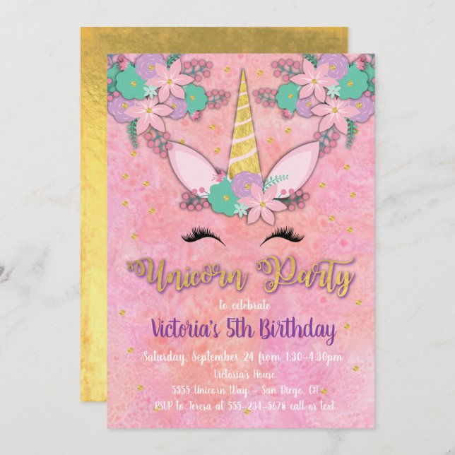 Gold Unicorn Floral Anniversaire Fête Invitation (Devant / Derrière)