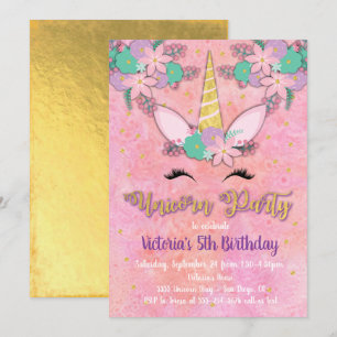 Gold Unicorn Floral Anniversaire Fête Invitation