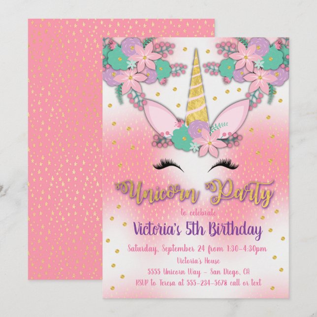 Gold Unicorn Floral Anniversaire Fête Invitation (Devant / Derrière)