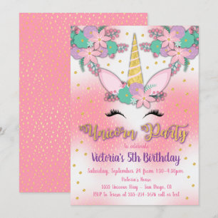Gold Unicorn Floral Anniversaire Fête Invitation